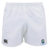 The Gretna United Rugby Advantage Rugby Shorts by EMB Canterbury feature the Canterbury logo on the left leg and the Gretna United Rugby logo on the right, made with moisture-wicking fabric for comfort and performance.