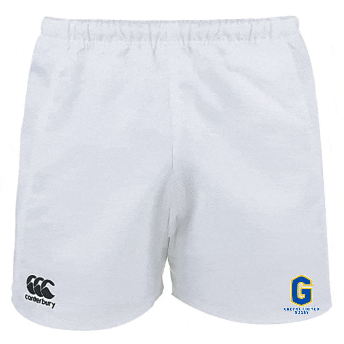 The EMB Canterbury Gretna United Rugby Professional Polyester Rugby Short features an elastic waistband, the Canterbury logo on the left leg, and a blue and yellow "G" Gretna United Rugby logo on the right leg.