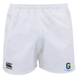 The EMB Canterbury Gretna United Rugby Professional Polyester Rugby Short features an elastic waistband, the Canterbury logo on the left leg, and a blue and yellow "G" Gretna United Rugby logo on the right leg.