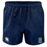 The Gretna United Rugby Professional Polyester Rugby Short by EMB Canterbury features an elastic waistband, the Canterbury logo on the left leg, and a yellow "G" with "General Santos" on the right.