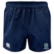 The Gretna United Rugby Advantage Rugby Shorts by EMB Canterbury feature an elastic waistband, CCC logo on the left leg, and a yellow-blue Goswil Sports Group emblem on the right leg for comfort and performance.