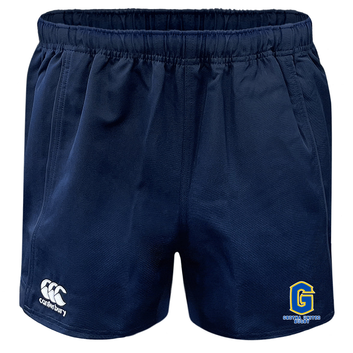 The Gretna United Rugby Advantage Rugby Shorts by EMB Canterbury feature an elastic waistband, CCC logo on the left leg, and a yellow-blue Goswil Sports Group emblem on the right leg for comfort and performance.