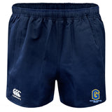The Gretna United Rugby Advantage Rugby Shorts by EMB Canterbury feature an elastic waistband, CCC logo on the left leg, and a yellow-blue Goswil Sports Group emblem on the right leg for comfort and performance.