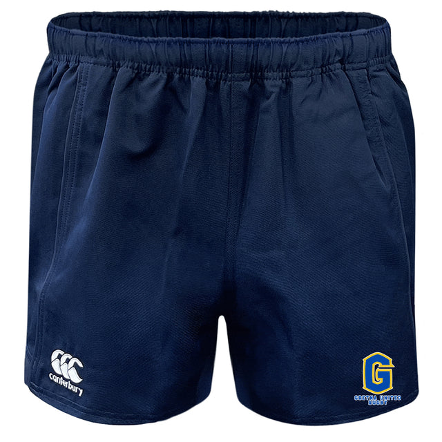 The Gretna United Rugby Advantage Rugby Shorts by EMB Canterbury feature an elastic waistband, CCC logo on the left leg, and a yellow-blue Goswil Sports Group emblem on the right leg for comfort and performance.