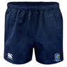 The Gretna United Rugby Advantage Rugby Shorts by EMB Canterbury feature an elastic waistband, CCC logo on the left leg, and a yellow-blue Goswil Sports Group emblem on the right leg for comfort and performance.