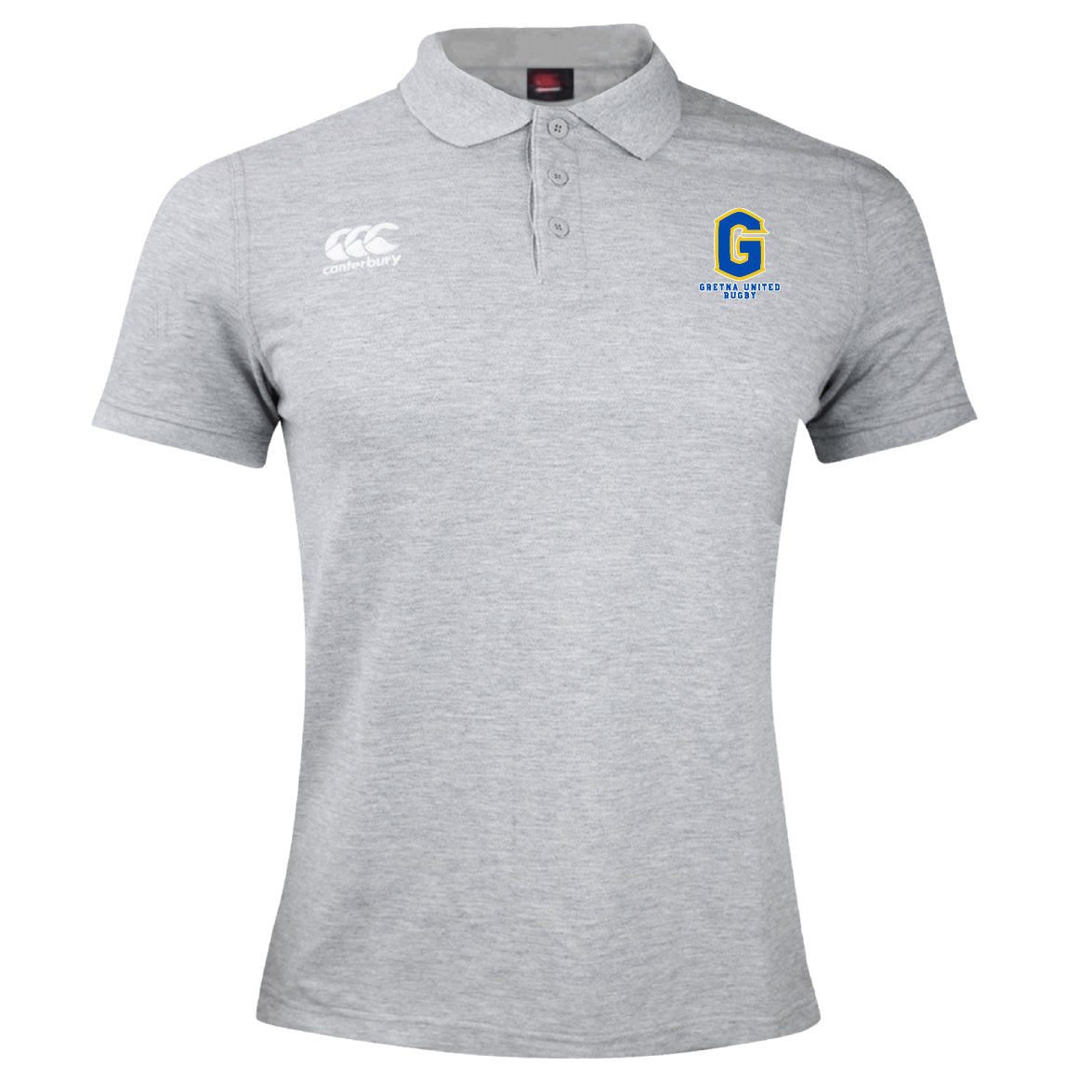 The Gretna United Rugby Waimak Polo by EMB Canterbury is a light gray men's polo with the classic CCC logo on the right chest and a blue and yellow "G" with "GRIFFITHS GATES" on the left, perfect for fans of rugby style.
