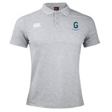 The Gretna United Rugby Waimak Polo by EMB Canterbury is a light gray men's polo with the classic CCC logo on the right chest and a blue and yellow "G" with "GRIFFITHS GATES" on the left, perfect for fans of rugby style.