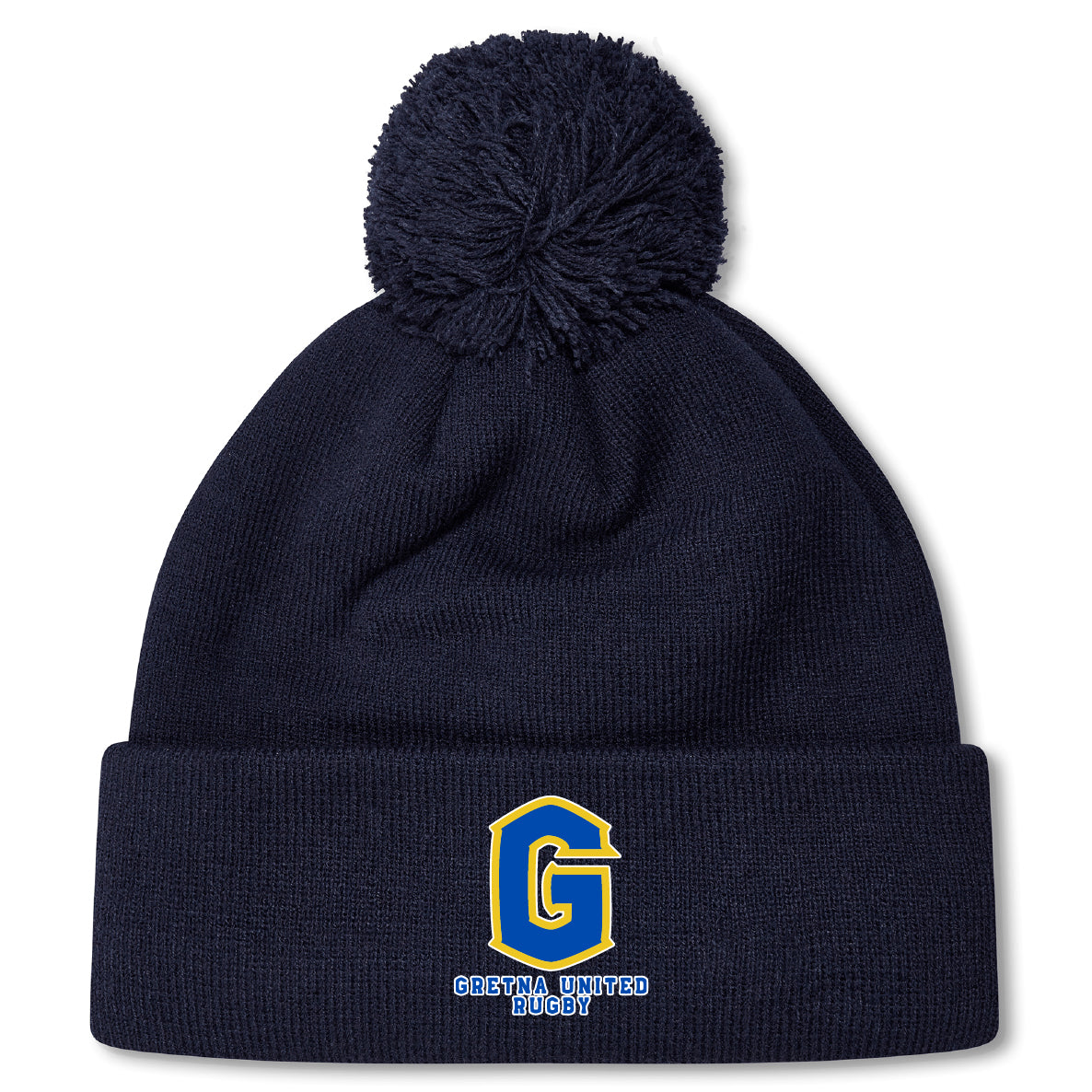 Stay warm and show team pride with the Gretna United Rugby Pom Pom Beanie by Canterbury. This navy fleece-lined EMB Canterbury hat features a yellow-blue "G" logo and "Gretna United Rugby" on the cuff, plus a fun pom-pom on top.