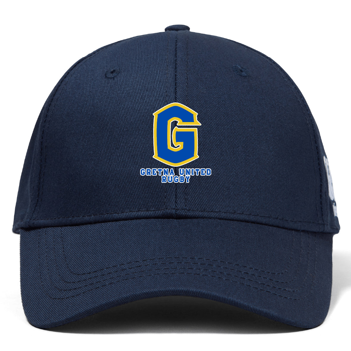 The EMB Canterbury Gretna United Rugby Flexfit Drill Cap features a navy blue design with a large yellow and blue embroidered "G" logo and "Gretna United Rugby" text on the front.