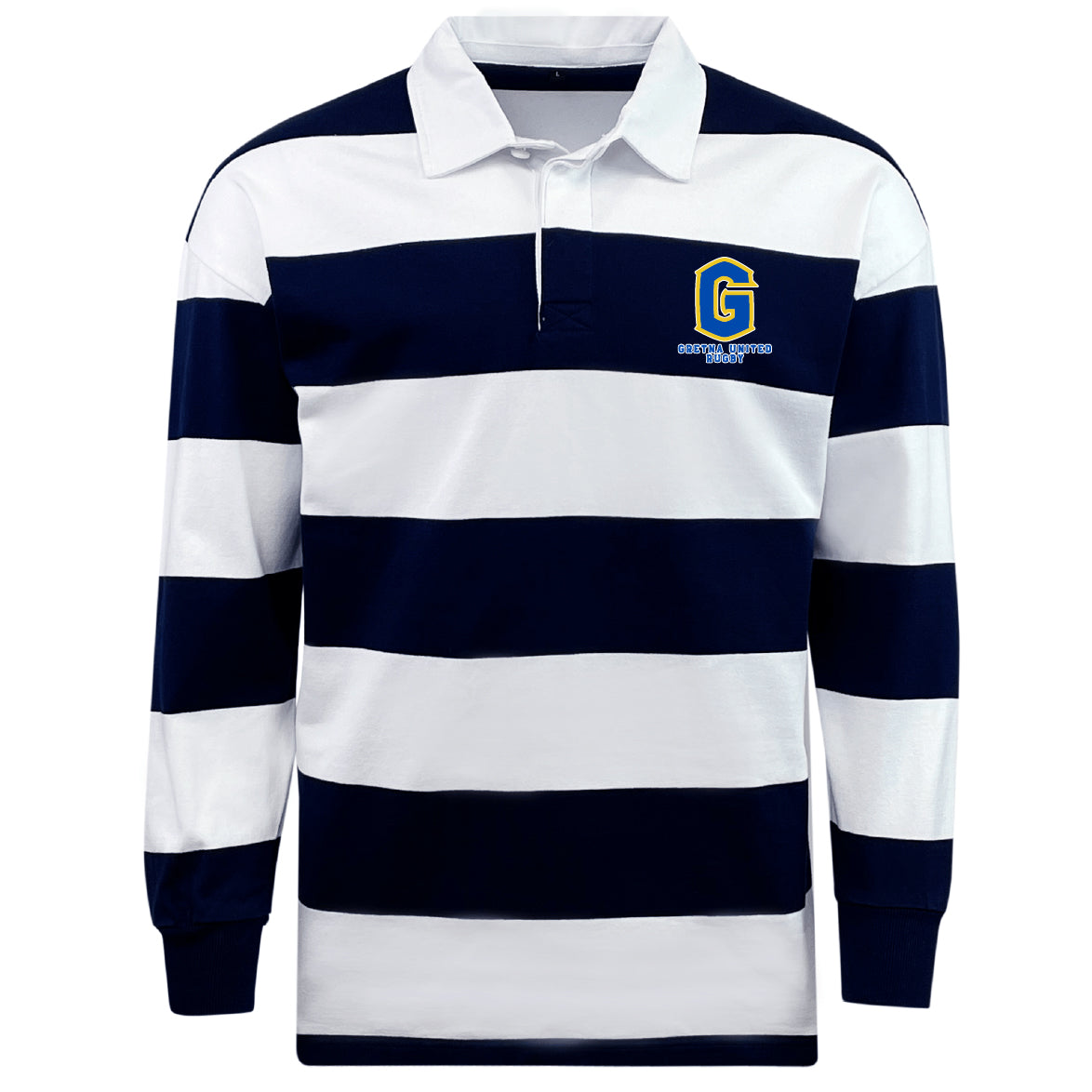 The EMB Mudoo Gretna United Rugby Classic Long Sleeve Hooped Rugby Jersey features wide navy and white stripes, a crisp white collar, and a "G" logo with text on the left chest for timeless, sporty style.
