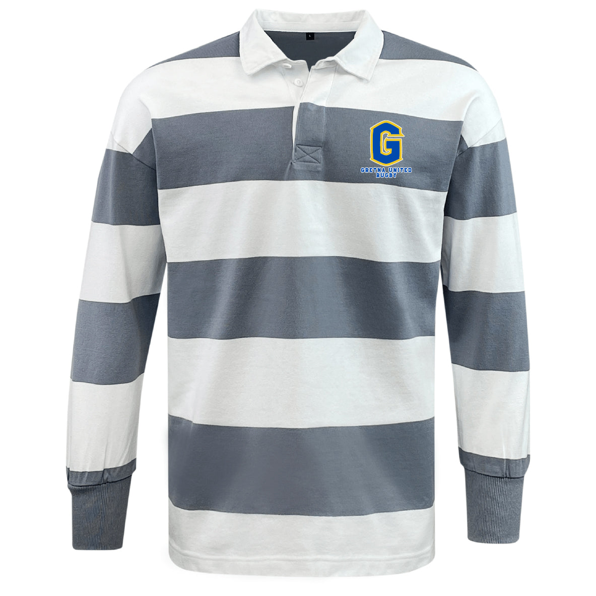 The EMB Mudoo Gretna United Rugby Classic Long Sleeve Hooped Rugby Jersey features gray and white stripes, a white collar, and a blue and yellow "G" logo with text on the left chest.