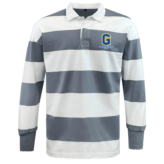The EMB Mudoo Gretna United Rugby Classic Long Sleeve Hooped Rugby Jersey features gray and white stripes, a white collar, and a blue and yellow "G" logo with text on the left chest.