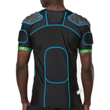 Back view of a person wearing the Gilbert XP500 Protective Body Armour, a black sports shirt with blue accents and padded shoulders, showcasing its ergonomic panel construction.