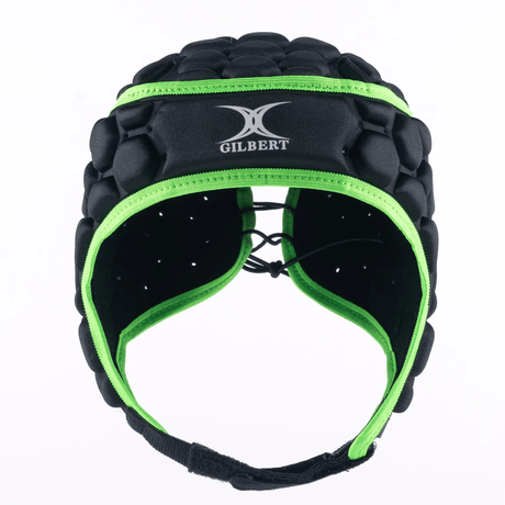 Introducing the XP 250 Rugby Headguard by Gilbert, a black and green padded headgear offering enhanced protection with hex padding. It includes a chin strap and prominently displays the Gilbert logo on the front, making it an ideal choice for rugby players seeking reliable safety and comfort.