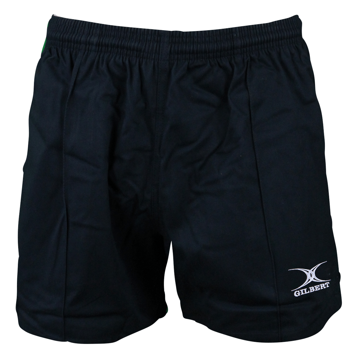 The Gilbert Kiwi Pro Short 3-Pack Bundle by Bundle Gilbert includes black athletic rugby shorts with an elastic waistband and the Gilbert logo on the leg, designed for peak performance in practice or play.