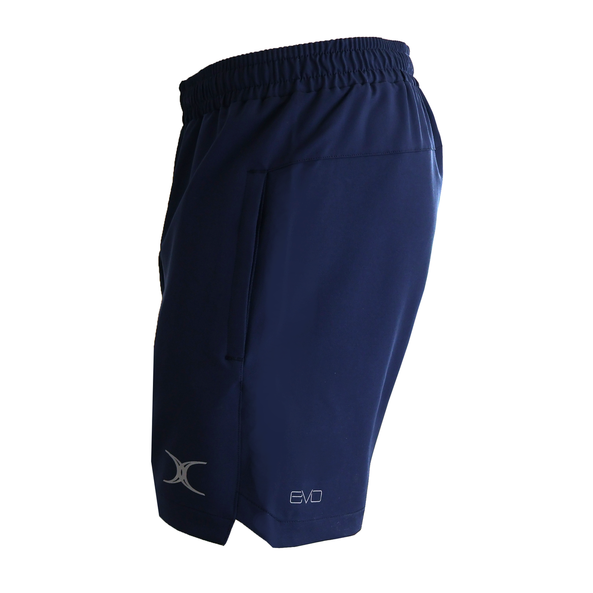 The Gilbert Evo Shorts by Gilbert feature an elastic waistband, side pockets, lightweight breathable fabric, and a small logo on the left leg hem—ideal for modern rugby players.