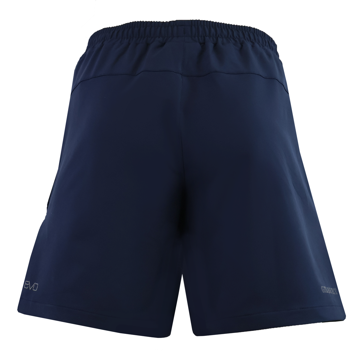 Gilbert Evo Shorts in navy blue, shown from the back, feature an elastic waistband and subtle Gilbert logo near the hem. Crafted from lightweight, breathable fabric—ideal for today’s rugby players.