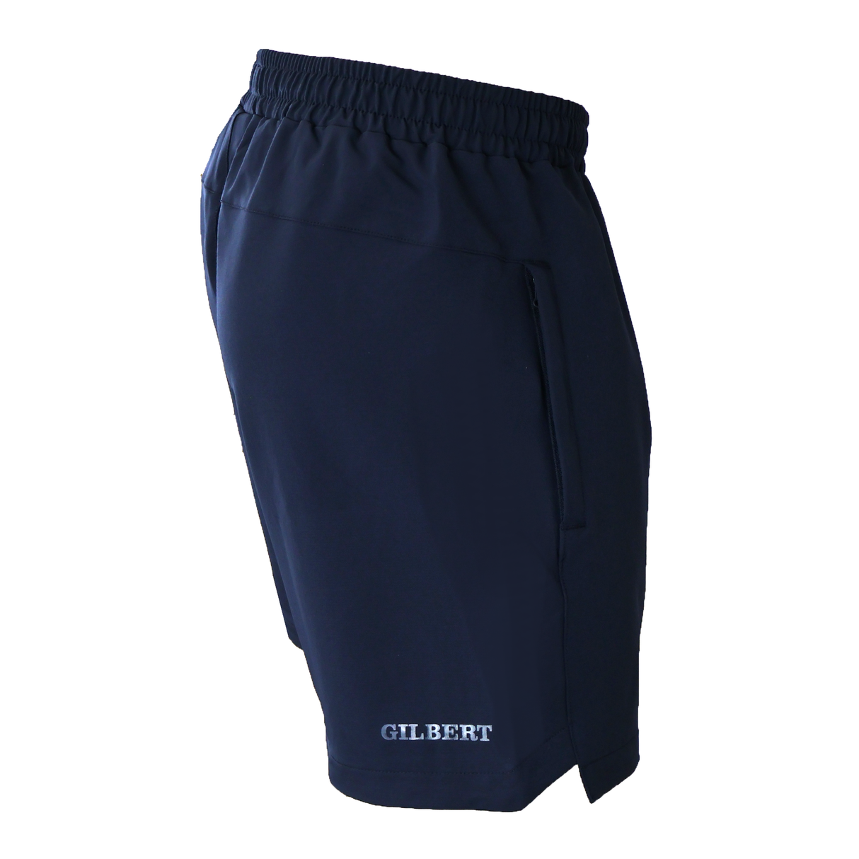 The Gilbert Evo Shorts are navy blue, made from lightweight breathable fabric, and feature an elastic waistband, zippered side pocket, and the GILBERT logo on the lower left leg—perfect for today’s rugby players.