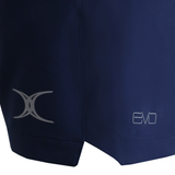 Close-up of the lower part of dark blue Gilbert Evo Shorts made from lightweight, breathable fabric, with two logos—an abstract design on the left and "EVO" on the right—ideal for today’s rugby players.