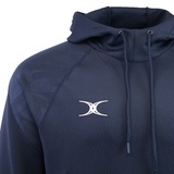 A close-up of the Gilbert GTS Pullover Hoodie, an athletic navy hoodie by Gilbert, featuring a drawstring hood and a white geometric logo on the chest.