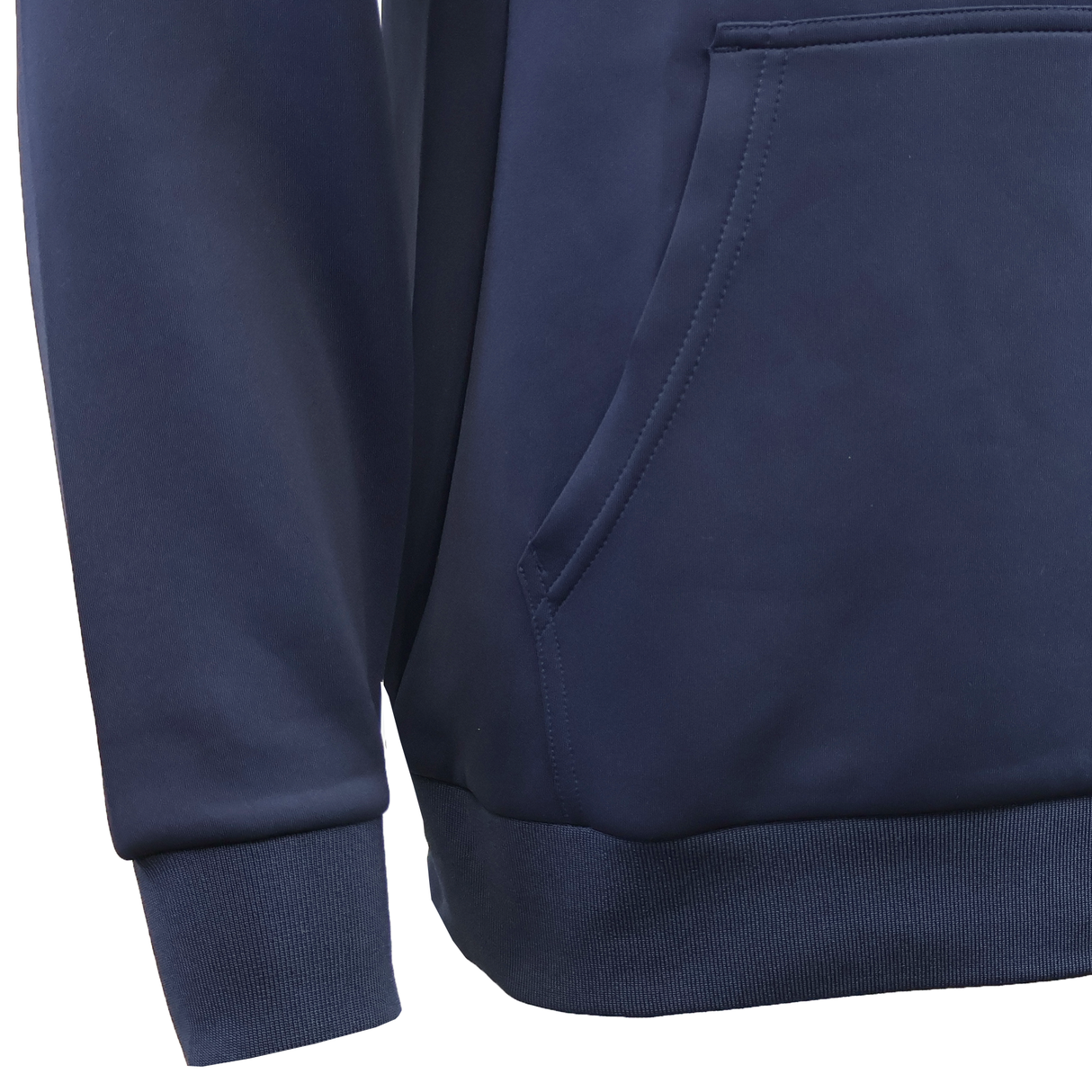 Close-up of the navy blue Gilbert GTS Pullover Hoodie by Gilbert, featuring a kangaroo pocket, ribbed cuff, and waistband—an athletic hoodie crafted for comfort and style.