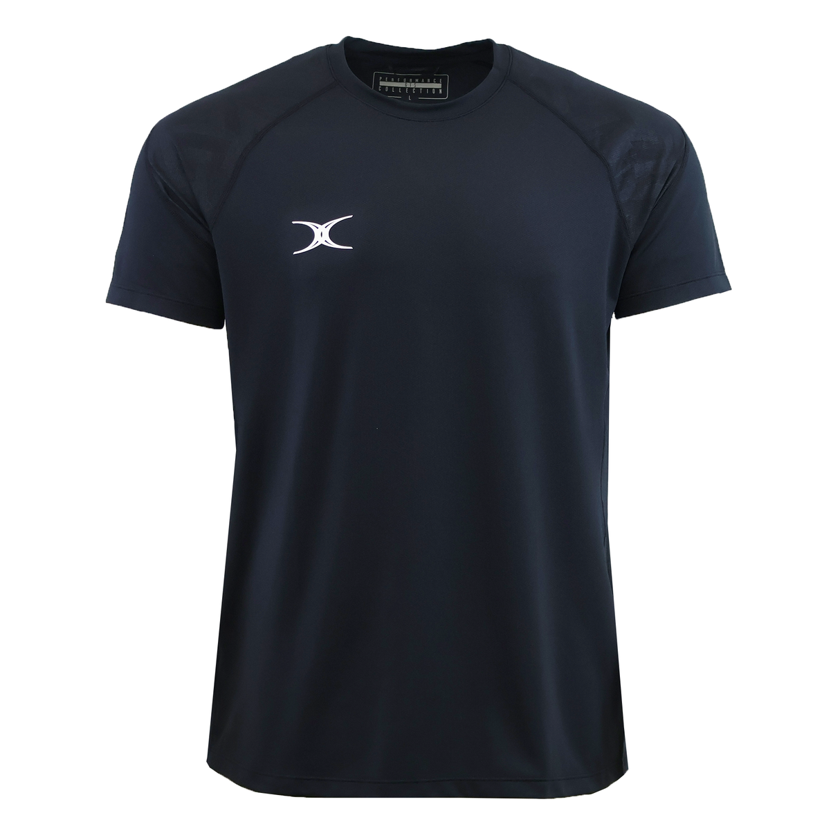 The Gilbert GTS Training Tee by Gilbert is a plain black short-sleeve athletic shirt with a small white logo on the left chest, crew neckline, and moisture-wicking fabric to keep you comfortable during workouts.