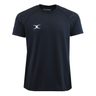 The Gilbert GTS Training Tee by Gilbert is a plain black short-sleeve athletic shirt with a small white logo on the left chest, crew neckline, and moisture-wicking fabric to keep you comfortable during workouts.
