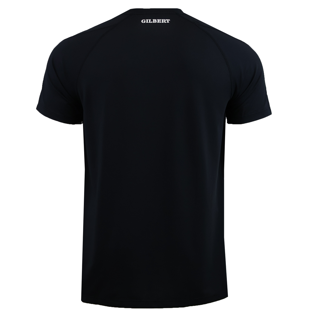 The Gilbert GTS Training Tee by Gilbert is a plain black, moisture-wicking short-sleeved T-shirt, shown from the back with "GILBERT" printed in white near the neck.