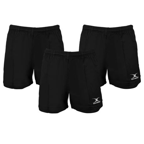 The Gilbert Kiwi Pro Short 3-Pack Bundle features three black rugby shorts with elastic waistbands and a white Gilbert logo on the left leg, displayed against a white background.