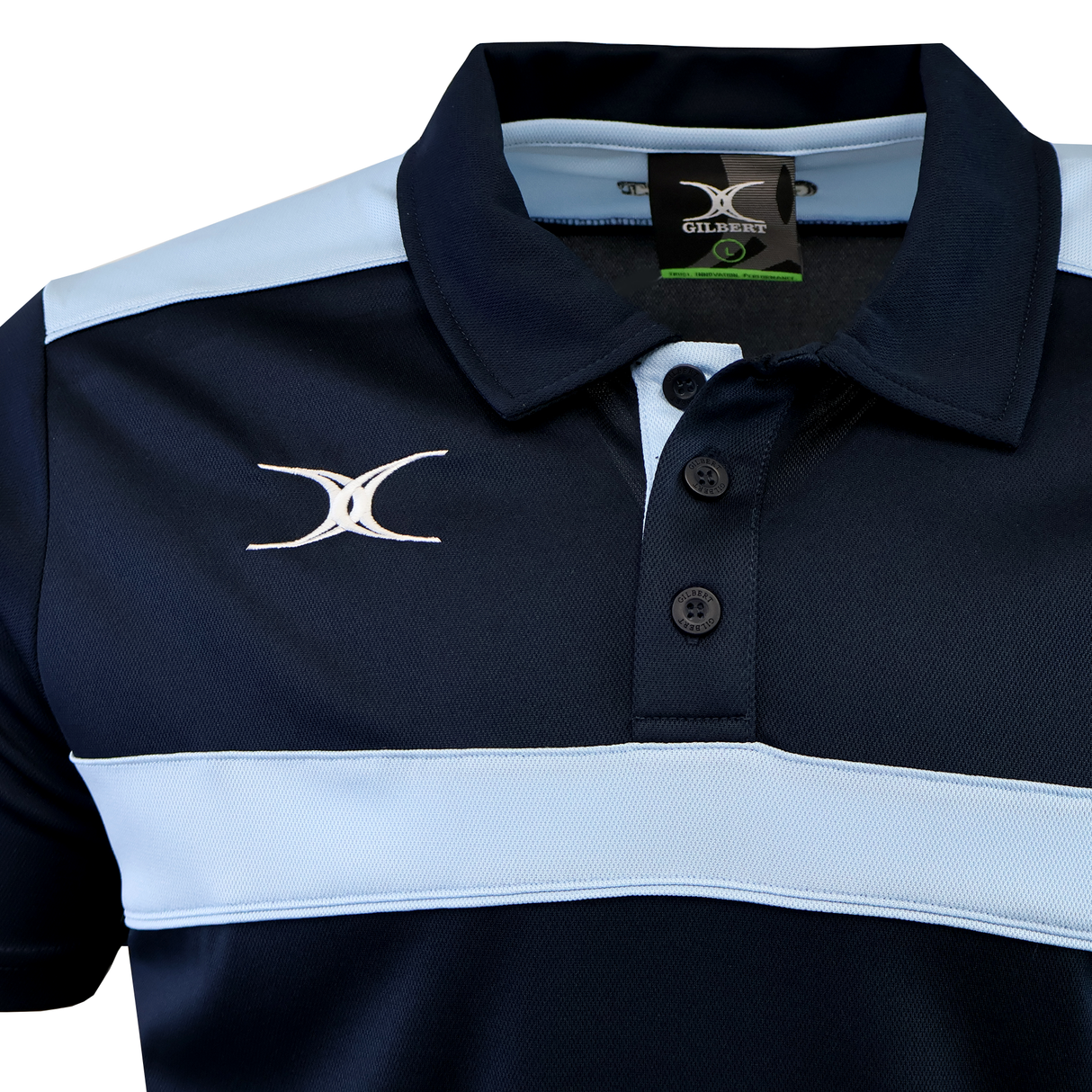 The Gilbert Photon II Polo by Gilbert comes in navy and light blue, featuring a three-button collar, white embroidered chest logo, and lightweight moisture-wicking fabric for all-day comfort.