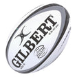 A Gilbert Pulsar Match Ball, size 5, featuring black and grey accents on a white background and labeled with “9.5-10 psi”—ideal for any rugby match—isolated on a white background.