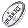 A Gilbert Pulsar Match Ball, size 5, featuring black and grey accents on a white background and labeled with “9.5-10 psi”—ideal for any rugby match—isolated on a white background.