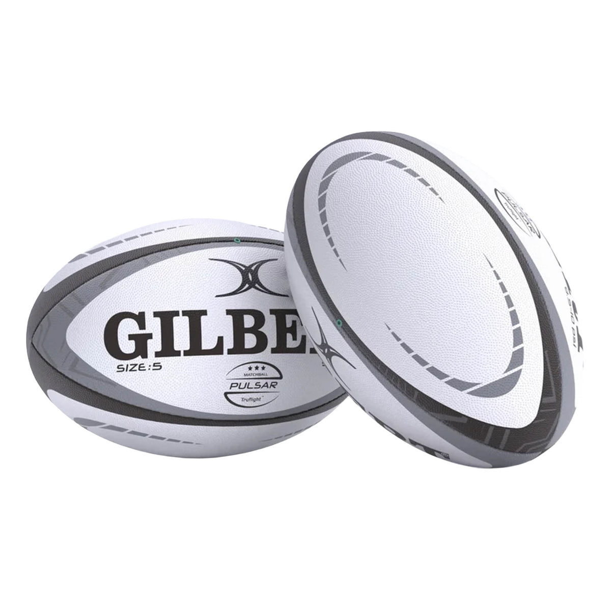 Two white and gray Gilbert Pulsar Match Balls, size 5, with black accents. One ball features the Gilbert brand name and “Pulsar Match Ball” text, while the other showcases the distinctive patterned design of this official rugby match ball.