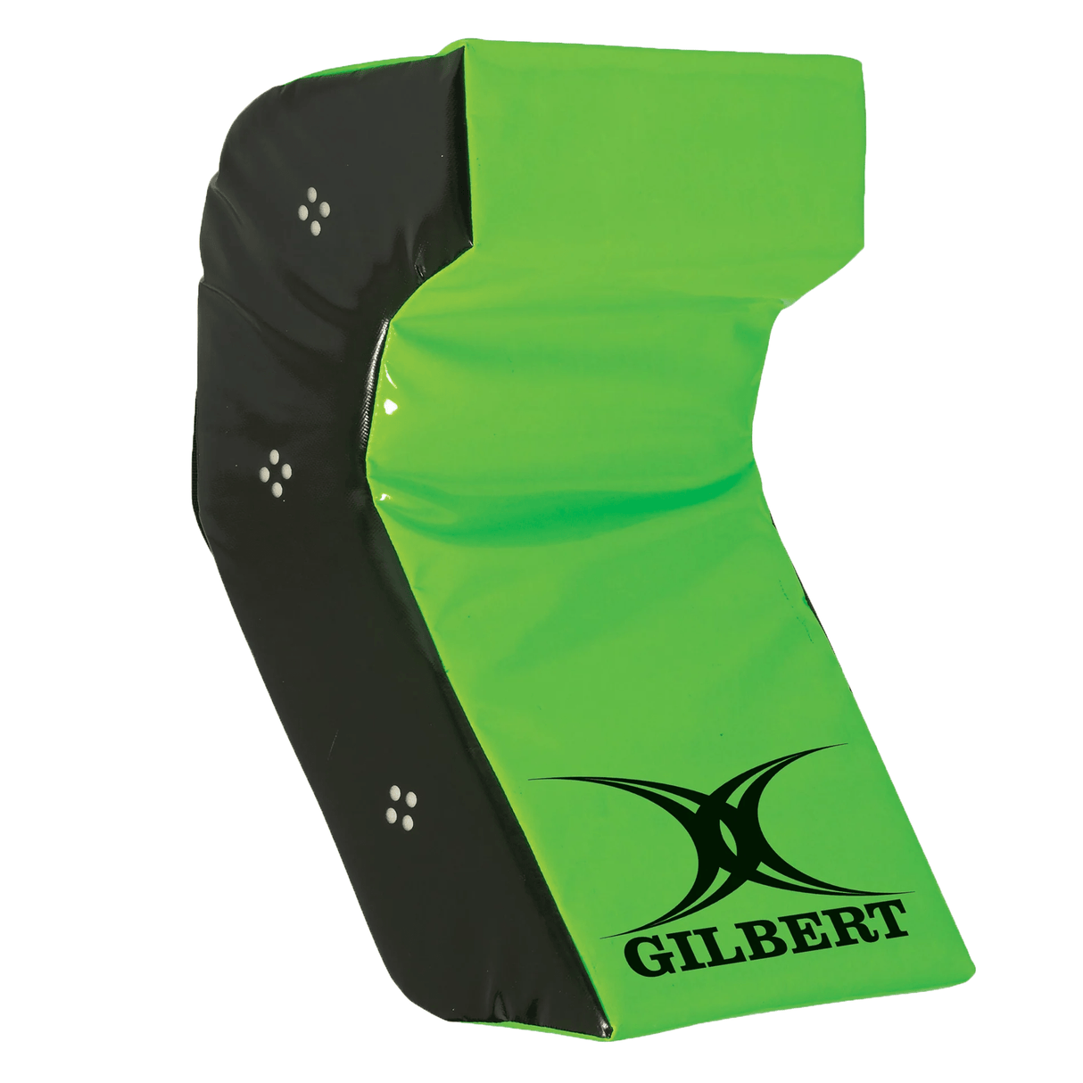 The Gilbert Rugby Green Technique Wedge by Hadar, a green and black foam tackle shield, is an essential tool for perfecting your tackling technique.
