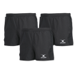The Gilbert Virtuo Match Short 3-Pack by Bundle Gilbert offers three pairs of black rugby-specific athletic shorts featuring the "Gilbert" logo and an elasticated waist, delivering a perfect blend of comfort and performance.