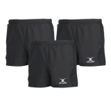 The Gilbert Virtuo Match Short 3-Pack by Bundle Gilbert offers three pairs of black rugby-specific athletic shorts featuring the "Gilbert" logo and an elasticated waist, delivering a perfect blend of comfort and performance.