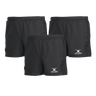 The Gilbert Virtuo Match Short 3-Pack by Bundle Gilbert offers three pairs of black rugby-specific athletic shorts featuring the "Gilbert" logo and an elasticated waist, delivering a perfect blend of comfort and performance.