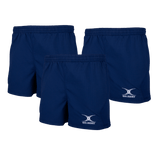 Three pairs from the Gilbert Virtuo Match Short 3-Pack Bundle, navy blue sports shorts with an elastic waistband and "Bundle Gilbert" logo on the left leg, featuring a rugby-specific fit, are displayed against a white background.