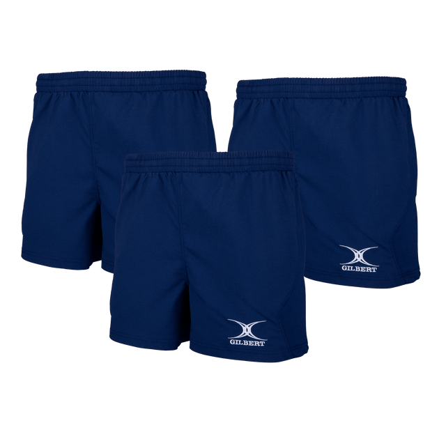 Three pairs from the Gilbert Virtuo Match Short 3-Pack Bundle, navy blue sports shorts with an elastic waistband and "Bundle Gilbert" logo on the left leg, featuring a rugby-specific fit, are displayed against a white background.