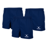 Three pairs from the Gilbert Virtuo Match Short 3-Pack Bundle, navy blue sports shorts with an elastic waistband and "Bundle Gilbert" logo on the left leg, featuring a rugby-specific fit, are displayed against a white background.