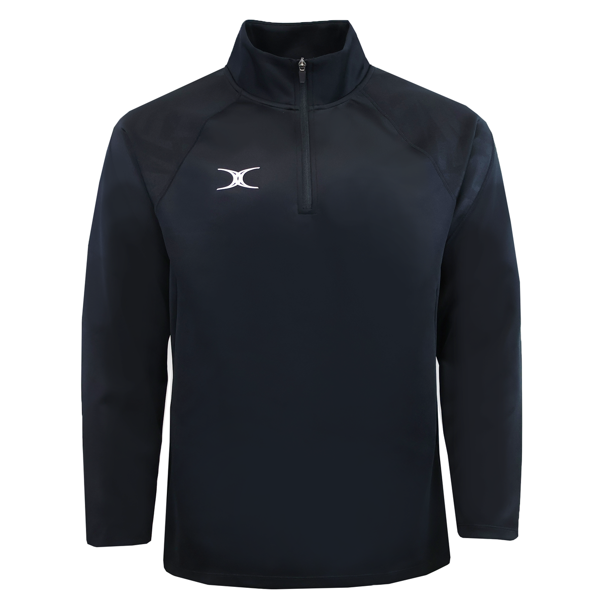 The Gilbert GTS 1/4 Zip Poly Pullover by Gilbert is a black long-sleeve top featuring a white logo on the left chest, shown on a plain white background.