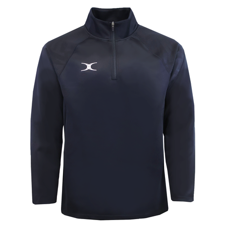 The Gilbert GTS 1/4 Zip Poly Pullover by Gilbert features navy blue fabric, a white left chest logo, and a standing collar—making it an ideal rugby training top.