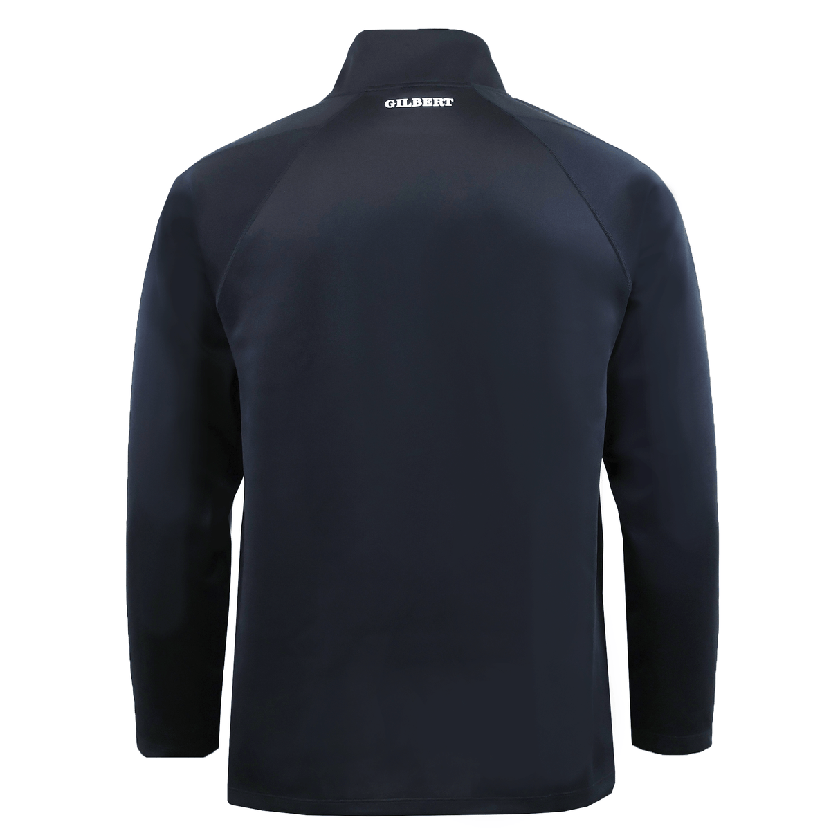 A plain black Play Rugby USA GTS 1/4 Zip Poly Pullover by EMB Gilbert, shown from the back and featuring the word “GILBERT” in white text at the upper center near the collar, makes this classic rugby jacket a standout piece of Gilbert rugby apparel.