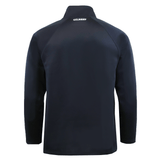 A plain black Play Rugby USA GTS 1/4 Zip Poly Pullover by EMB Gilbert, shown from the back and featuring the word “GILBERT” in white text at the upper center near the collar, makes this classic rugby jacket a standout piece of Gilbert rugby apparel.