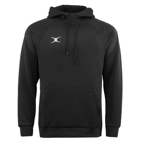 The Gilbert GTS Pullover Hoodie by Gilbert features a black design with a front pouch pocket, drawstring hood, and a small white crescent logo on the left chest—delivering comfortable athletic style for any occasion.