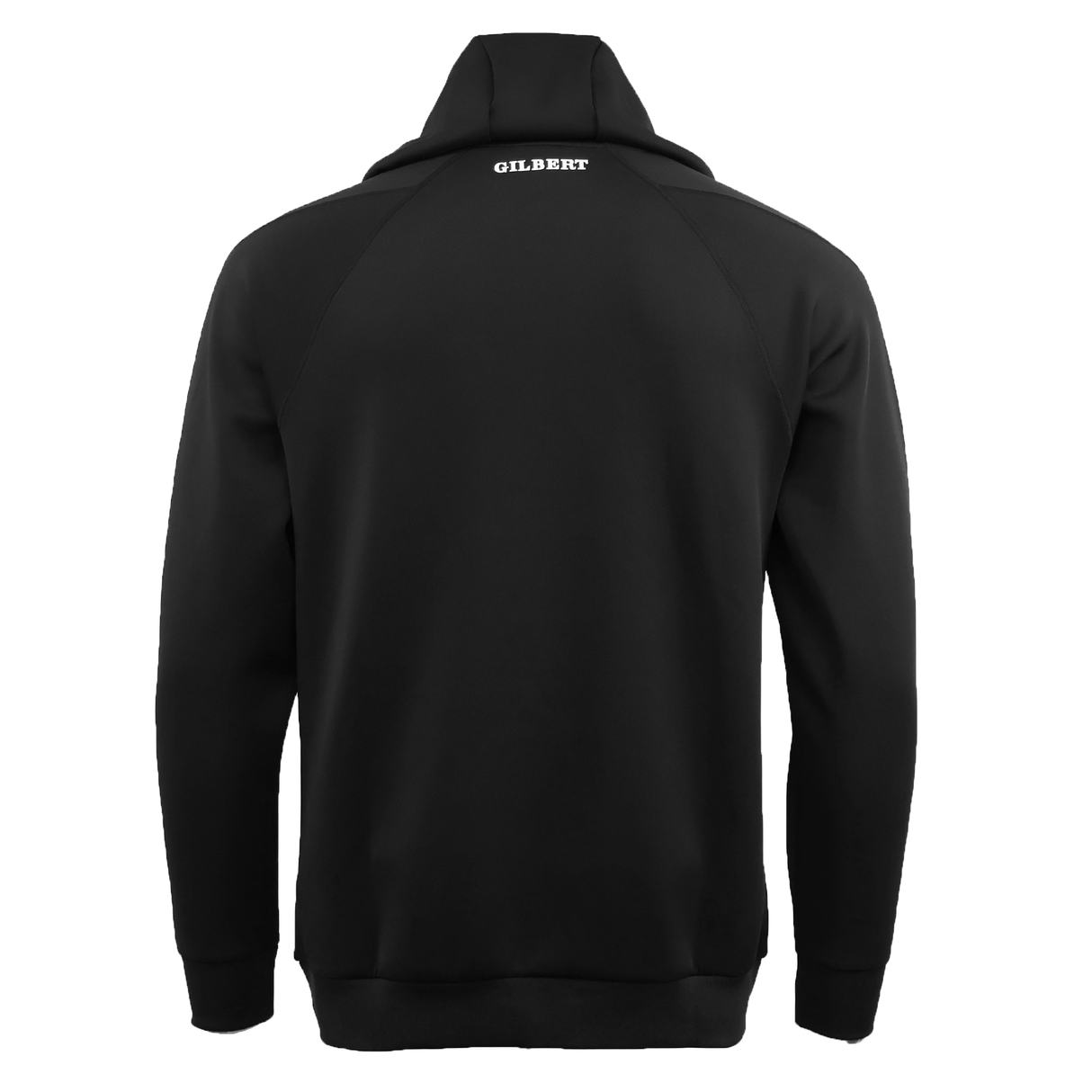 The image displays the Gilbert GTS Pullover Hoodie, a black athletic hoodie by Gilbert, featuring "GILBERT" printed in white on the upper back below the hood.
