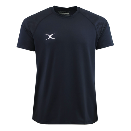 The Gilbert GTS Training Tee by Gilbert is a plain black short-sleeve athletic top featuring a small white logo on the left chest and a black collar label, designed for comfort and moisture wicking during workouts.