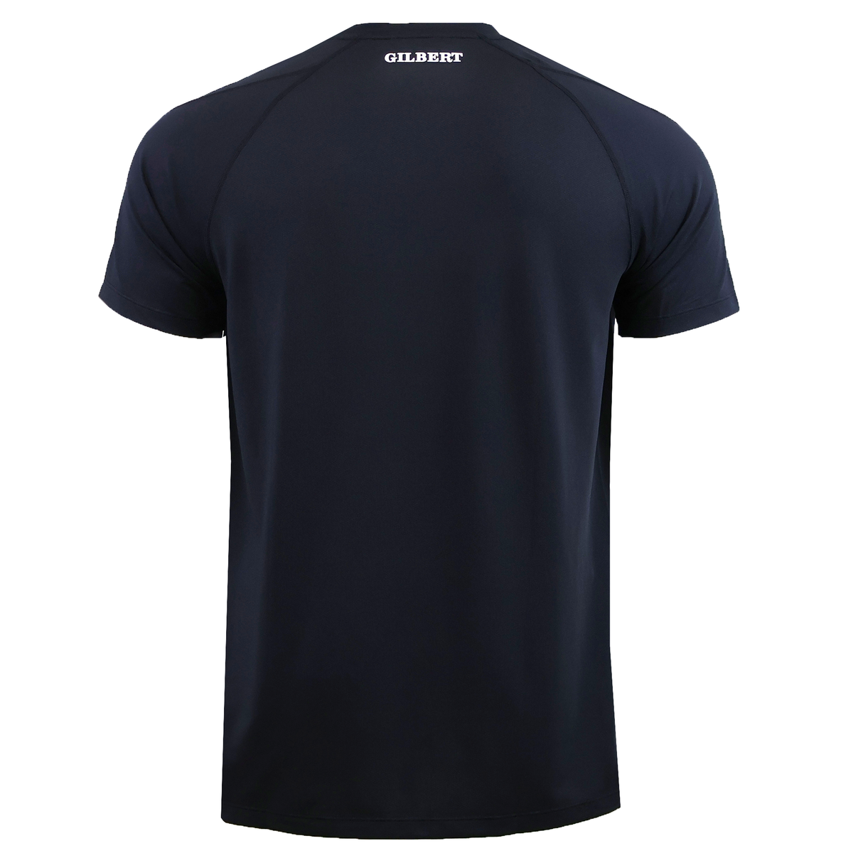 A plain black Gilbert GTS Training Tee, short-sleeved and shown from the back, features "GILBERT" printed in white near the neckline.