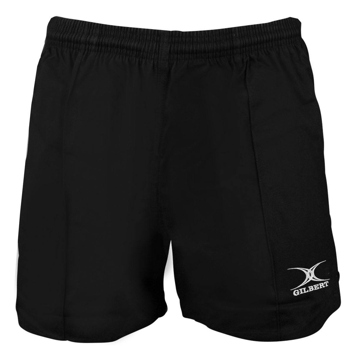 Black shorts from the Gilbert Kiwi Pro Short 3-Pack Bundle by Bundle Gilbert, featuring an elastic waistband and a white logo on the lower left side.