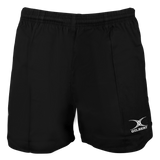 Black shorts from the Gilbert Kiwi Pro Short 3-Pack Bundle by Bundle Gilbert, featuring an elastic waistband and a white logo on the lower left side.